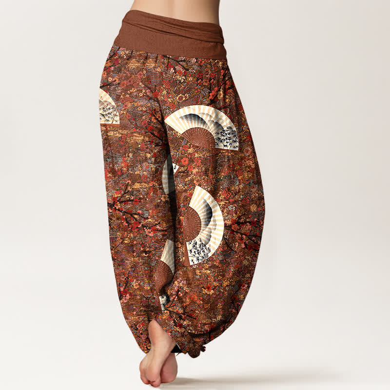 Buddha Stones Weiche, fließende Haremshose aus Baumwolle mit elfenbeinfarbenem Fächermuster und elastischem Bund für Damen. - image 1