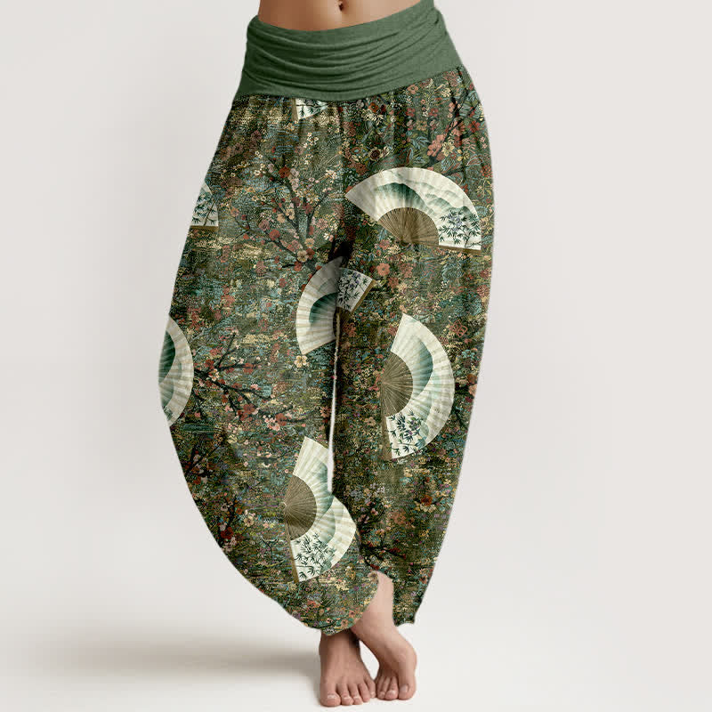 Buddha Stones Weiche, fließende Haremshose aus Baumwolle mit elfenbeinfarbenem Fächermuster und elastischem Bund für Damen. - Dunkelolivgrün - US16, UK/AU20, EU48 (3XL) - image 5
