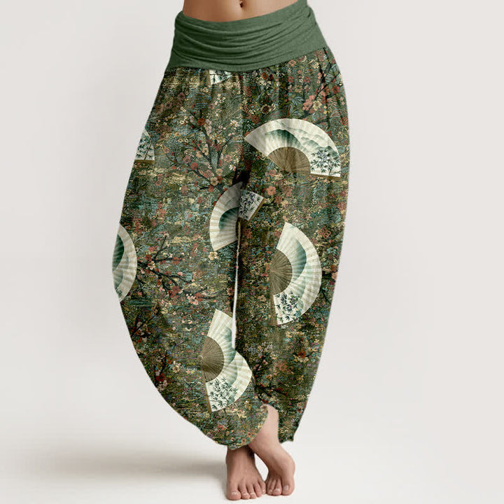 Buddha Stones Weiche, fließende Haremshose aus Baumwolle mit elfenbeinfarbenem Fächermuster und elastischem Bund für Damen. - Dunkelolivgrün - US16, UK/AU20, EU48 (3XL) - image 5