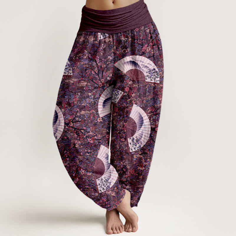 Buddha Stones Weiche, fließende Haremshose aus Baumwolle mit elfenbeinfarbenem Fächermuster und elastischem Bund für Damen. - Dunkelmagenta - US16, UK/AU20, EU48 (3XL) - image 8