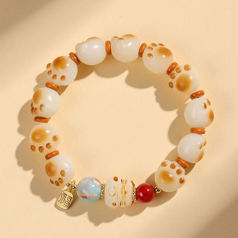 Buddha Stones Armband mit natürlichem Bodhi-Samen-Fu-Charakter und Katzenpfoten-Design - Katzenpfote (Handgelenkumfang: 17–18 cm) - image 0