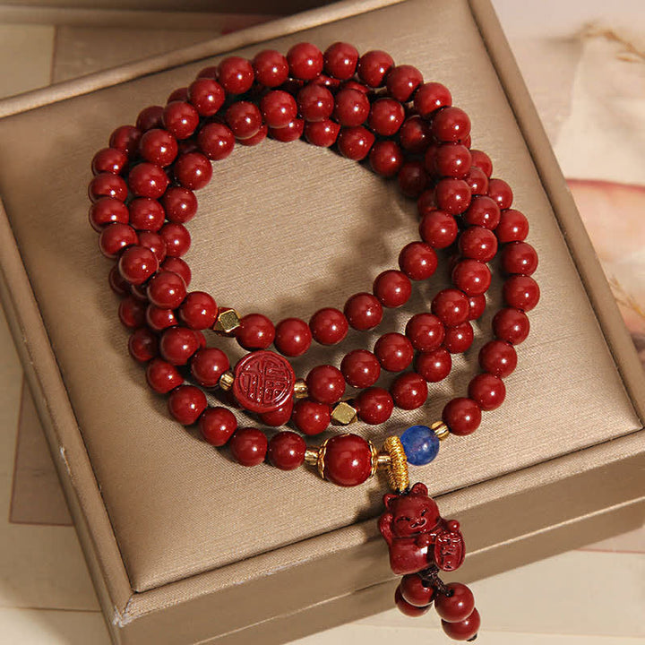 Buddha Stones Tibetische Glücks-Mala mit 108 Perlen aus Zinnober und Katzenmotiv - image 8