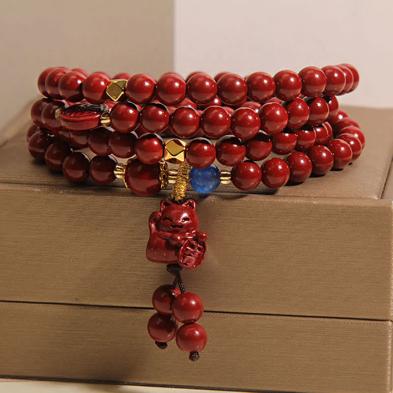Buddha Stones Tibetische Glücks-Mala mit 108 Perlen aus Zinnober und Katzenmotiv - image 2