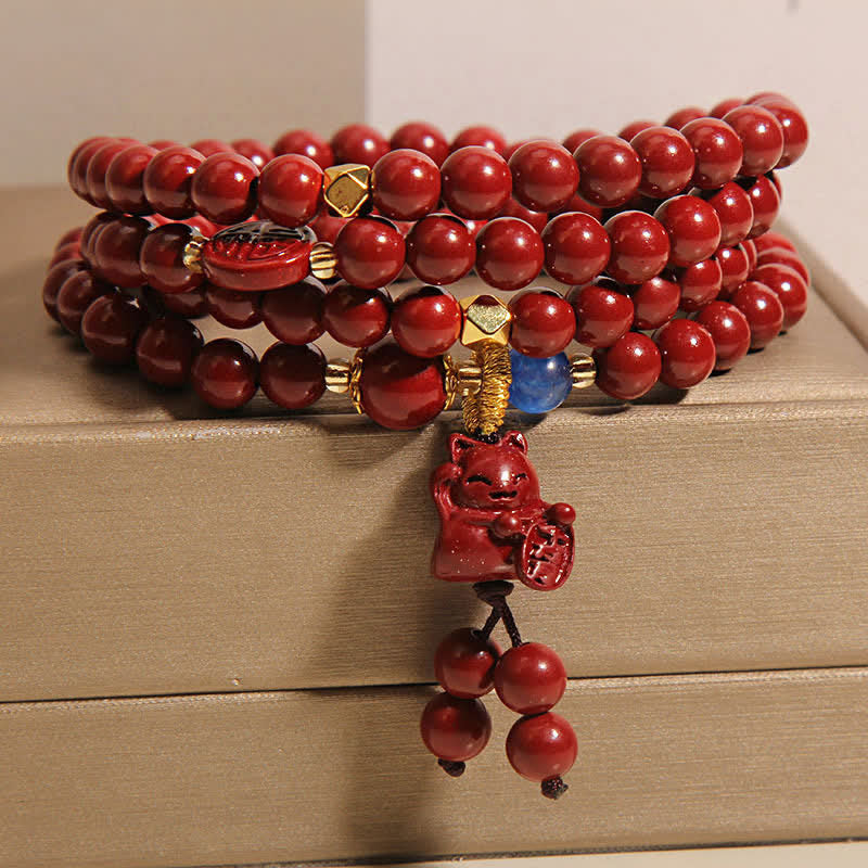 Buddha Stones Tibetische Glücks-Mala mit 108 Perlen aus Zinnober und Katzenmotiv - image 7