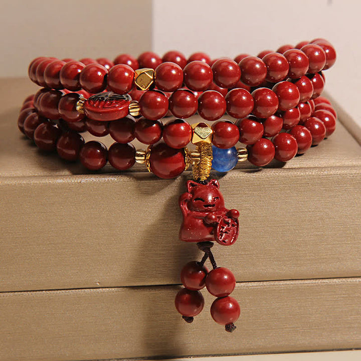 Buddha Stones Tibetische Glücks-Mala mit 108 Perlen aus Zinnober und Katzenmotiv - image 7