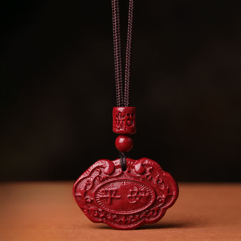 Buddha Stones Glückskette mit Cinnabar-„Fu“-Zeichen und Ruyi-Schloss-Knoten - Zinnober - image 0