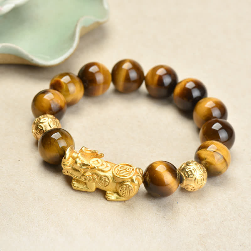 Buddha Stones Natürliches Tigeraugen-Pixiu-Fu-Charakter-Om-Mani-Padme-Hum-Perlen-Mut-Armband - image 1