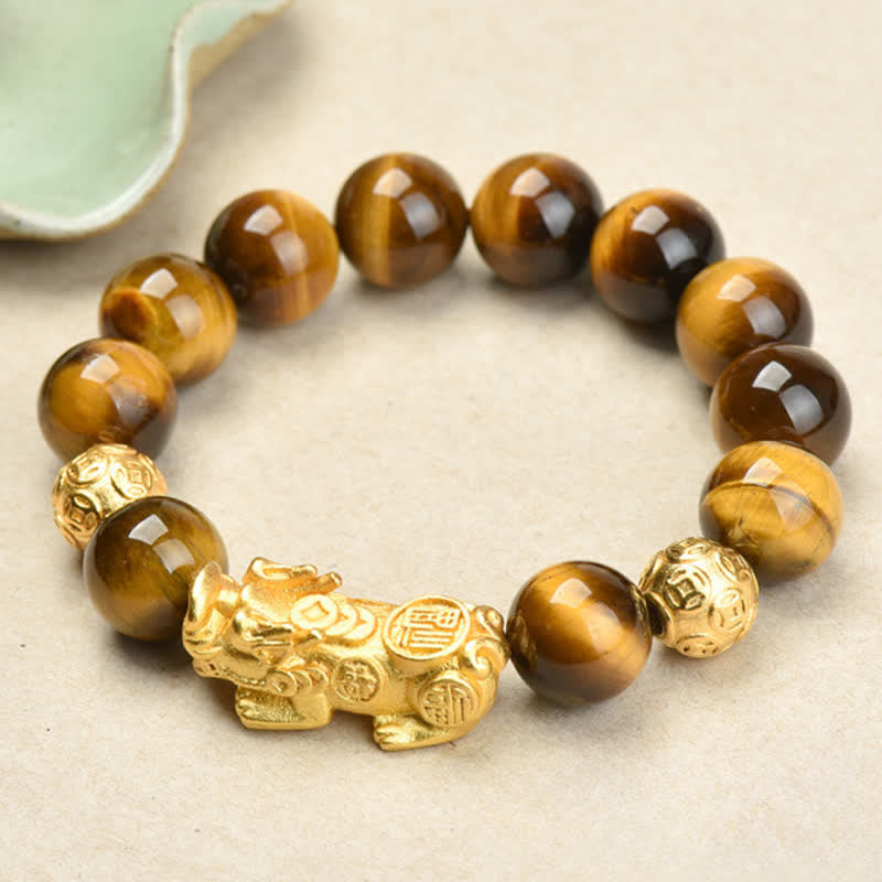 Buddha Stones Natürliches Tigeraugen-Pixiu-Fu-Charakter-Om-Mani-Padme-Hum-Perlen-Mut-Armband - Gelbes Tigerauge Fu Charakter Pixiu (Handgelenkumfang: 17–18 cm) - image 0