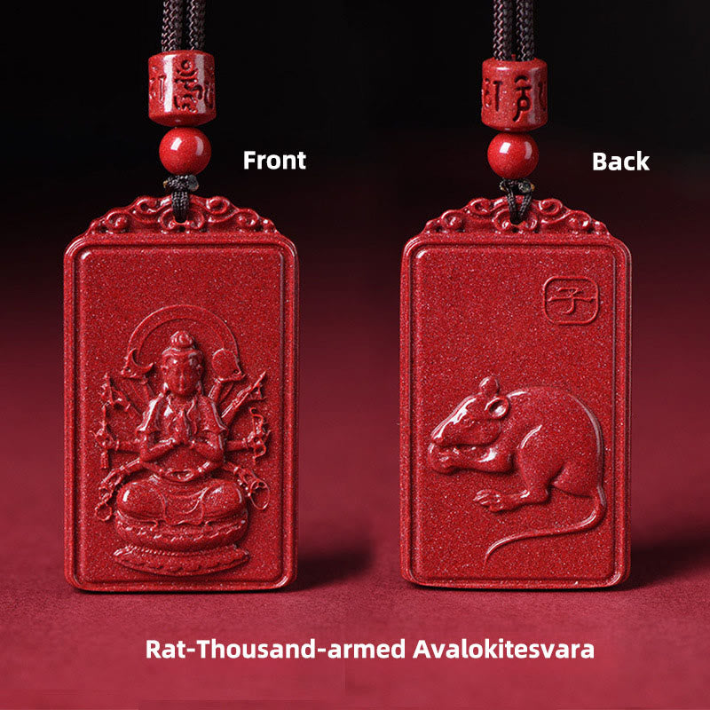 Buddha Stones Chinesischer Tierkreiszeichen-Buddha-Segnungs-Halskettenanhänger aus Zinnober - Ratten-Tausendarmiger Avalokitesvara - 19*34 mm - image 6