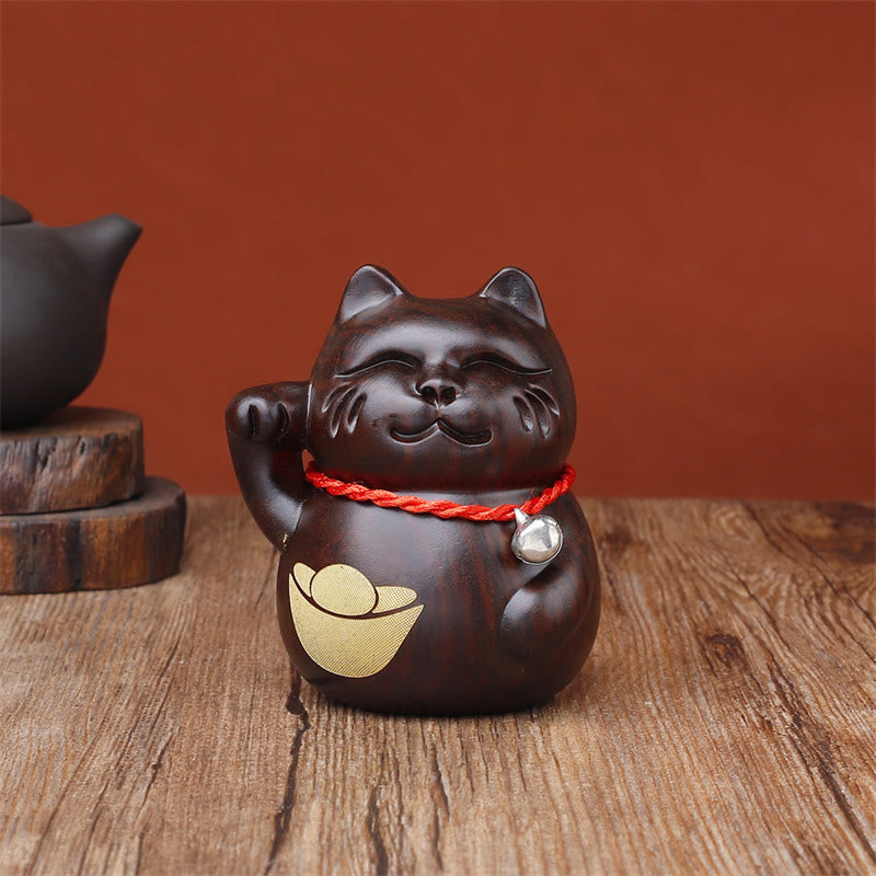 Buddha Stones Mini-Glückskatze, geschnitzte Dekoration aus Ebenholz, 8 cm - Katzenbarren - 8 cm (Farbe und Größe können variieren) - image 3