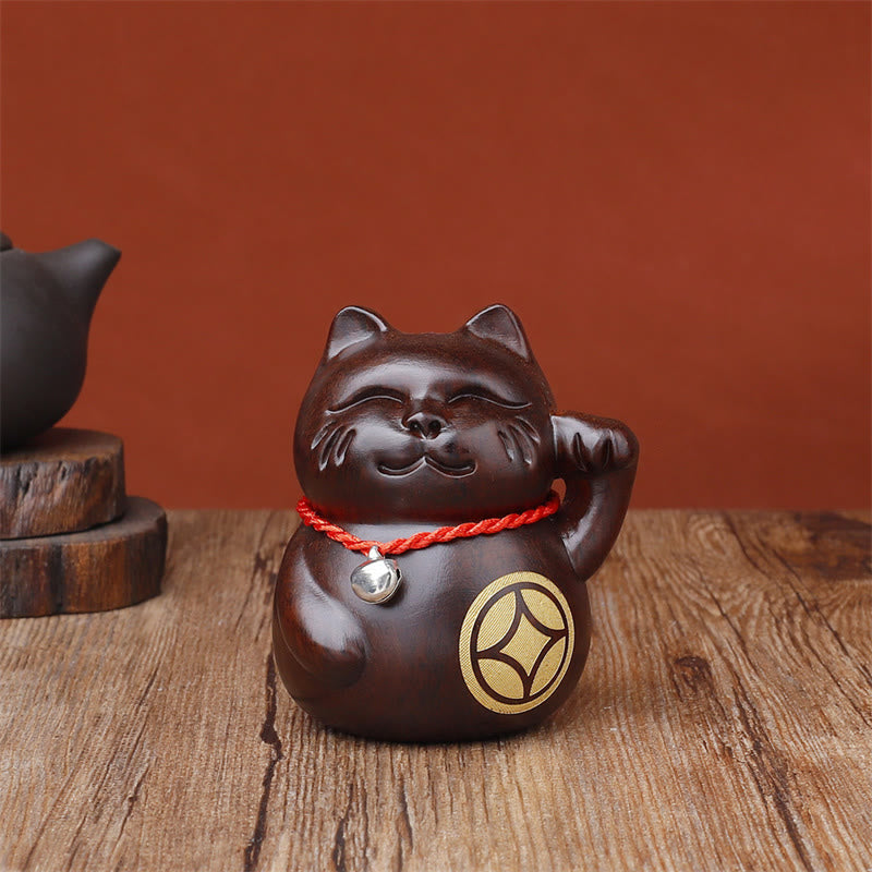 Buddha Stones Mini-Glückskatze, geschnitzte Dekoration aus Ebenholz, 8 cm - Katzenmünze - 8 cm (Farbe und Größe können variieren) - image 5