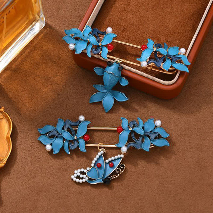 Buddha Stones Cloisonné-Emaille-Brosche mit Koi-Karpfen, Schmetterling und Perle – Wohlstandssymbol - image 8