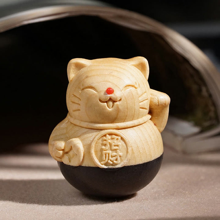 Buddha Stones Mini-Glückskatze aus Ebenholz (Buche), geschnitzt, 4,7 x 4 cm, soll Reichtum anziehen und als Schutzdekoration dienen. - image 1