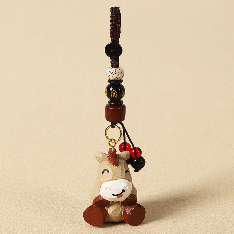 Buddha Stones Chinesischer Tierkreiszeichen-Schlüsselanhänger aus Lindenholz mit gravierter Pflaumenblüte – Frieden, Sicherheit, Om, Mani, Padme, Hum, Positiv - Pferd 4 cm (Farbe, Form und Größe können variieren) - Om Mani Padme Hum - image 0