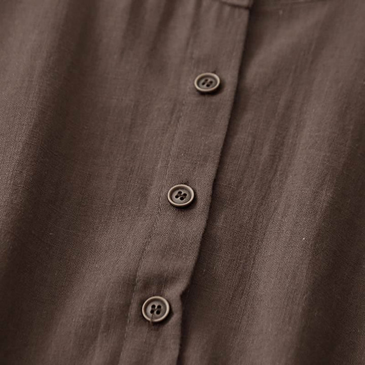 Buddha Stones Minimalistisches, einfarbiges Sommerkleid mit kurzen Ärmeln, Knopfleiste, Kordelzug und Taschen für Damen - image 4