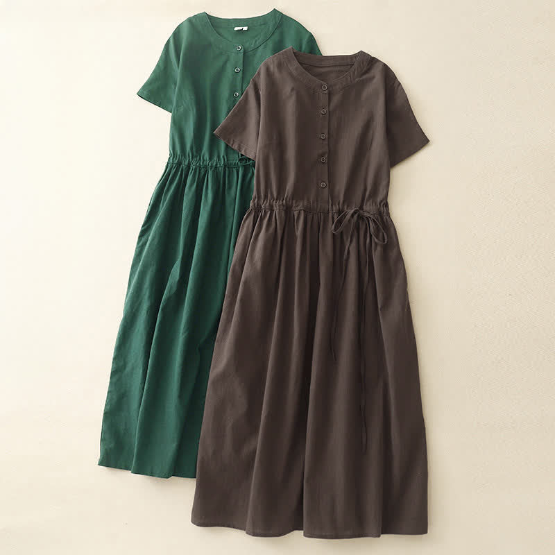 Buddha Stones Minimalistisches, einfarbiges Sommerkleid mit kurzen Ärmeln, Knopfleiste, Kordelzug und Taschen für Damen - image 14