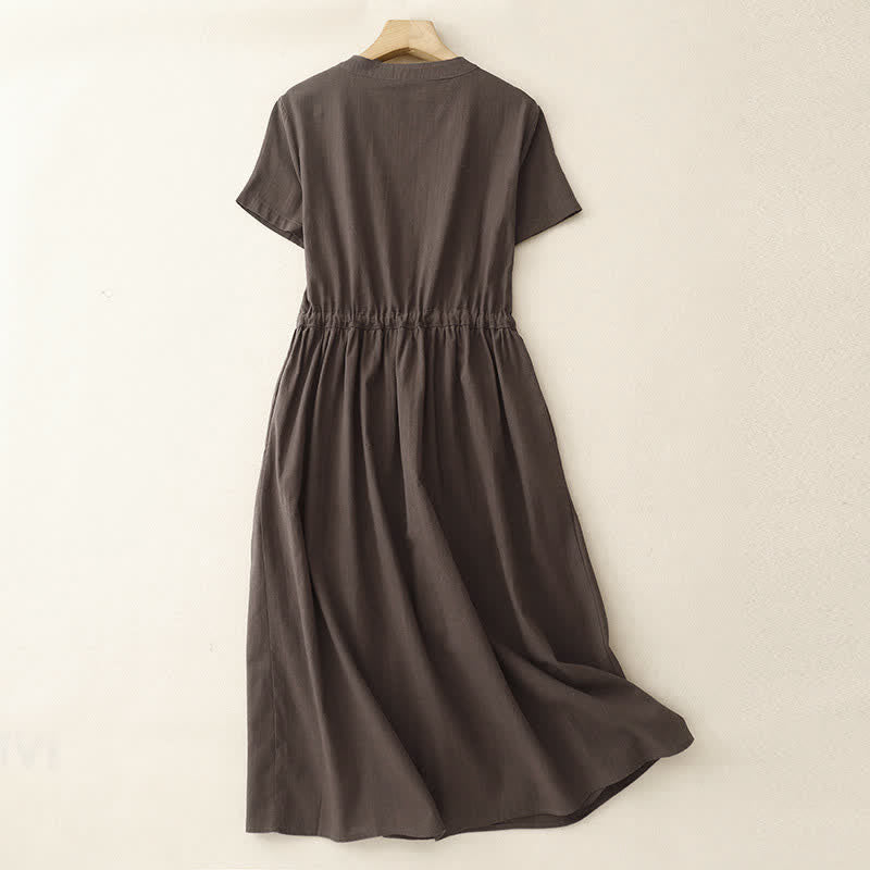 Buddha Stones Minimalistisches, einfarbiges Sommerkleid mit kurzen Ärmeln, Knopfleiste, Kordelzug und Taschen für Damen - image 1
