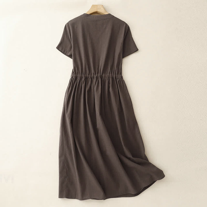 Buddha Stones Minimalistisches, einfarbiges Sommerkleid mit kurzen Ärmeln, Knopfleiste, Kordelzug und Taschen für Damen - image 1