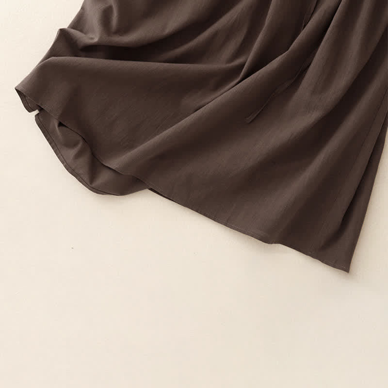 Buddha Stones Minimalistisches, einfarbiges Sommerkleid mit kurzen Ärmeln, Knopfleiste, Kordelzug und Taschen für Damen - image 6
