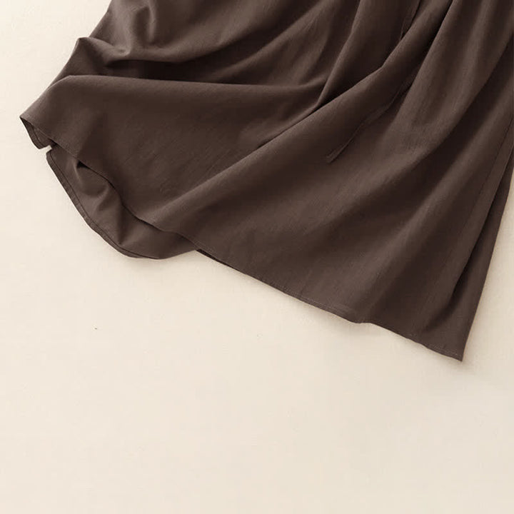 Buddha Stones Minimalistisches, einfarbiges Sommerkleid mit kurzen Ärmeln, Knopfleiste, Kordelzug und Taschen für Damen - image 6