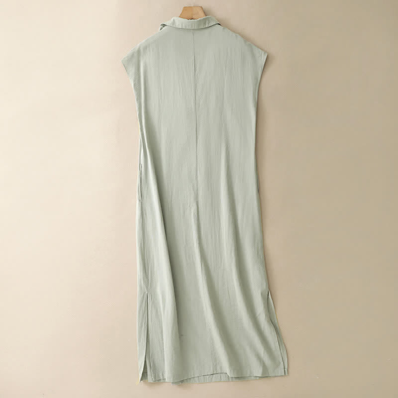 Buddha Stones Minimalistisches, einfarbiges, ärmelloses Sommerkleid für Damen mit Seitenschlitz und Tasche - image 1