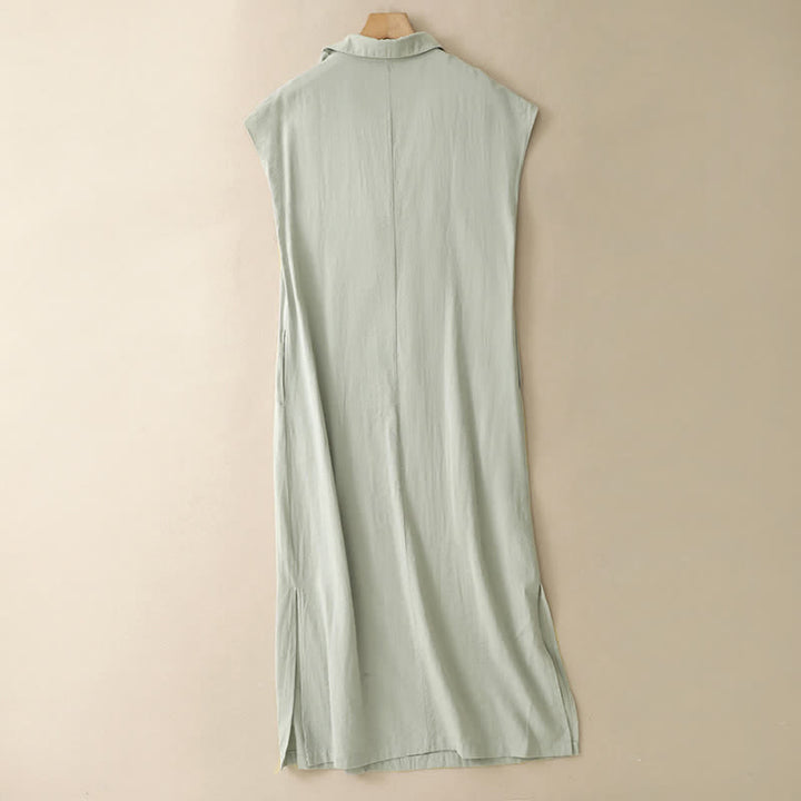 Buddha Stones Minimalistisches, einfarbiges, ärmelloses Sommerkleid für Damen mit Seitenschlitz und Tasche - image 1