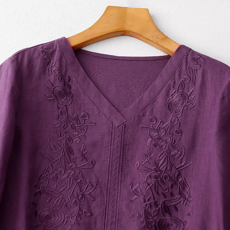 Buddha Stones Sommerliches, einfarbiges Damenkleid mit kurzen Ärmeln, Stickerei und Taschen - image 1