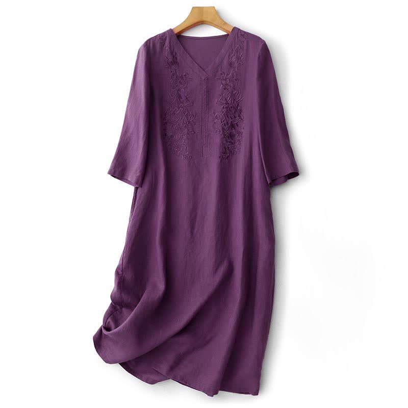 Buddha Stones Sommerliches, einfarbiges Damenkleid mit kurzen Ärmeln, Stickerei und Taschen - RebeccaPurple - US12, UK/AU16, EU44 (2XL) - image 0