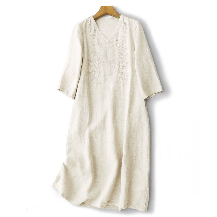 Buddha Stones Sommerliches, einfarbiges Damenkleid mit kurzen Ärmeln, Stickerei und Taschen - Beige - US12, UK/AU16, EU44 (2XL) - image 7