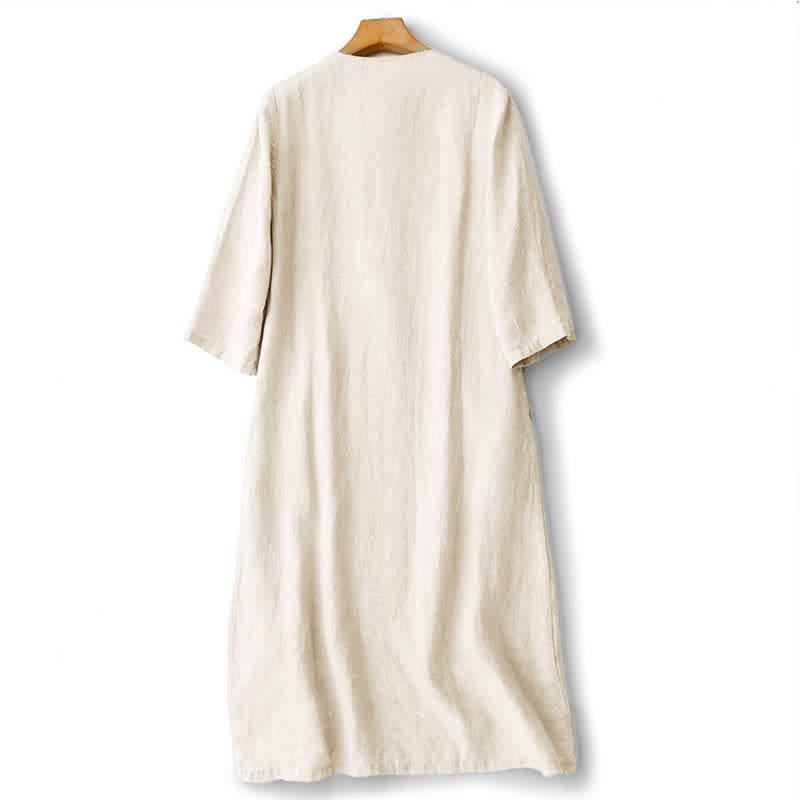 Buddha Stones Sommerliches, einfarbiges Damenkleid mit kurzen Ärmeln, Stickerei und Taschen - image 8