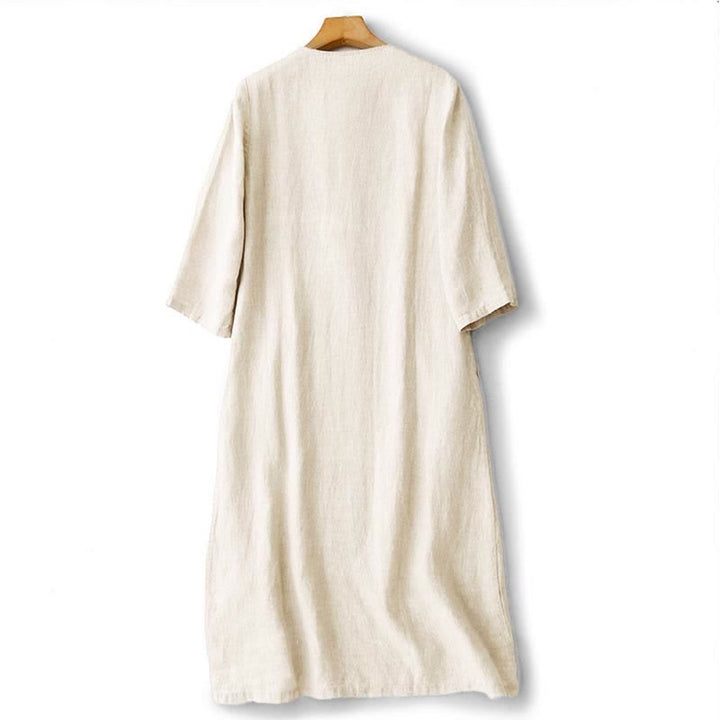 Buddha Stones Sommerliches, einfarbiges Damenkleid mit kurzen Ärmeln, Stickerei und Taschen - image 8