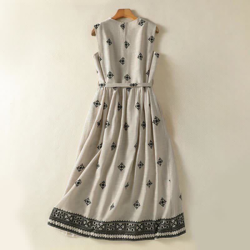 Buddha Stones Sommerliches Boho-Sommerkleid für Damen mit Kordelzug, geometrischem Muster, ärmellos und mit Taschen - image 1