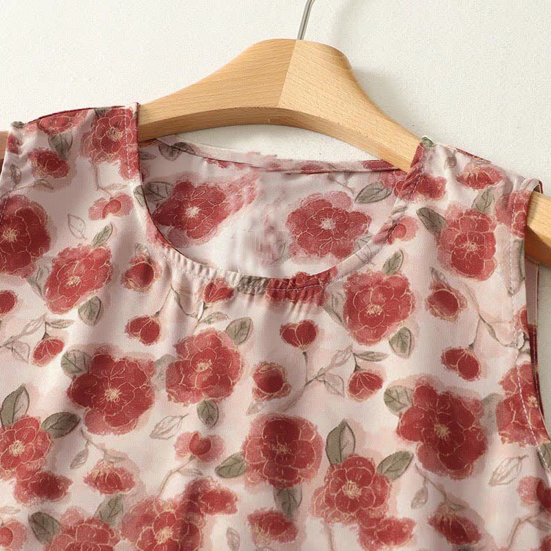 Buddha Stones Sommerliches, ärmelloses Chiffonkleid für Damen mit Blumenmuster und Taschen - image 1