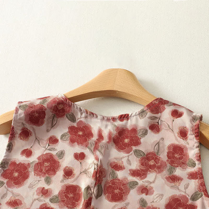 Buddha Stones Sommerliches, ärmelloses Chiffonkleid für Damen mit Blumenmuster und Taschen - image 3