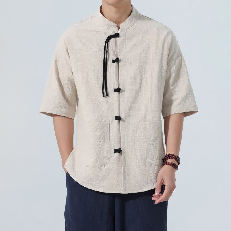 Buddha Stones Lässiges Sommerhemd für Herren mit Stehkragen, Froschknopfleiste, kurzen Ärmeln und Taschen - Leinen - US/ UK/AU48, EU58 (5XL) - image 0