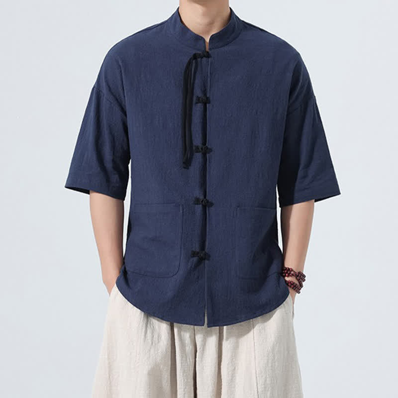 Buddha Stones Lässiges Sommerhemd für Herren mit Stehkragen, Froschknopfleiste, kurzen Ärmeln und Taschen - Mitternachtsblau - US/ UK/AU48, EU58 (5XL) - image 16