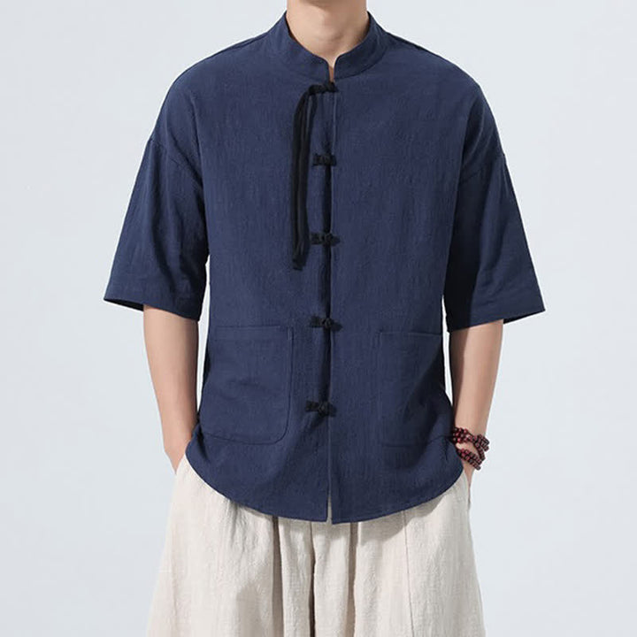 Buddha Stones Lässiges Sommerhemd für Herren mit Stehkragen, Froschknopfleiste, kurzen Ärmeln und Taschen - Mitternachtsblau - US/ UK/AU48, EU58 (5XL) - image 16