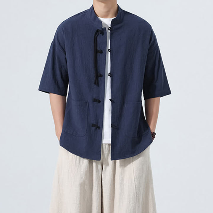 Buddha Stones Lässiges Sommerhemd für Herren mit Stehkragen, Froschknopfleiste, kurzen Ärmeln und Taschen - image 17