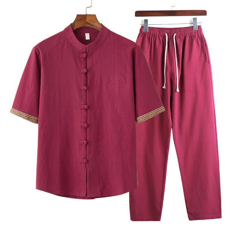 Buddha Stones Sommer 2-teiliges Set: Kurzarmhemd mit Stehkragen und Froschknopfleiste, einfarbig, Haremshose, Herren-Meditationskleidung mit Taschen - Purpurrot - US/ UK/AU46, EU56 (5XL) - image 1
