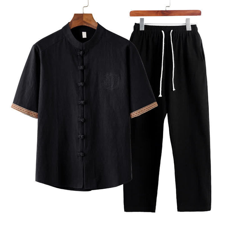 Buddha Stones Sommer 2-teiliges Set: Kurzarmhemd mit Stehkragen und Froschknopfleiste, einfarbig, Haremshose, Herren-Meditationskleidung mit Taschen - Schwarz - US/ UK/AU46, EU56 (5XL) - image 11