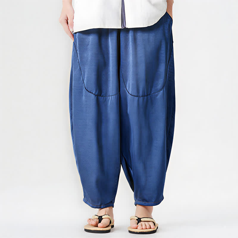 Buddha Stones Lässige, einfarbige Herren-Haremshose mit aufgesetzten Taschen für den Sommer - image 1