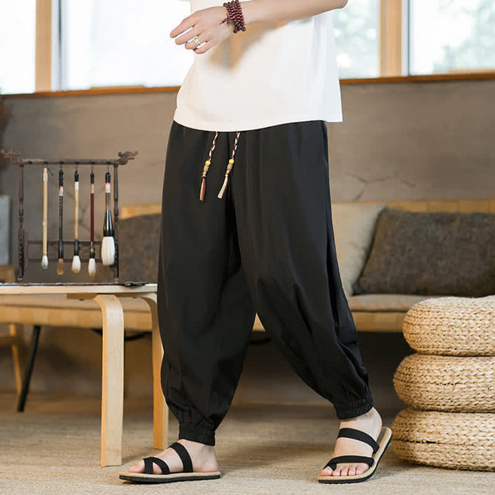 Buddha Stones Lässige, einfarbige Herren-Haremshose mit Kordelzug, elastischem Saum und Taschen für den Sommer - image 11