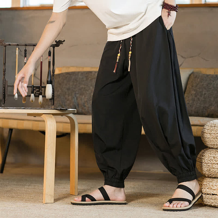 Buddha Stones Lässige, einfarbige Herren-Haremshose mit Kordelzug, elastischem Saum und Taschen für den Sommer - Schwarz - US/ UK/AU46, EU56 (5XL) - image 4