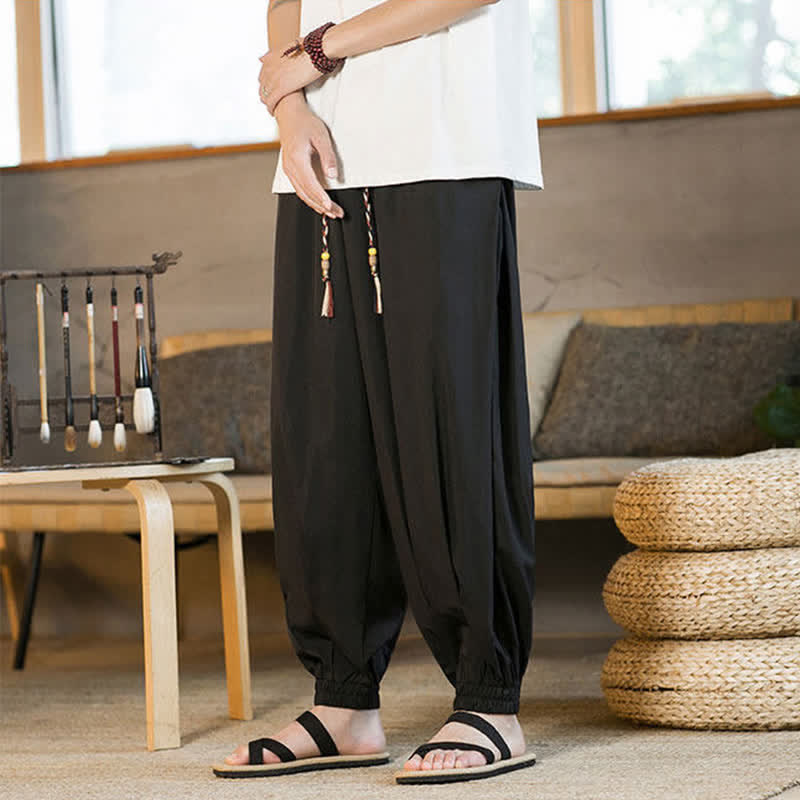 Buddha Stones Lässige, einfarbige Herren-Haremshose mit Kordelzug, elastischem Saum und Taschen für den Sommer - image 7