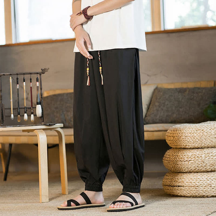 Buddha Stones Lässige, einfarbige Herren-Haremshose mit Kordelzug, elastischem Saum und Taschen für den Sommer - image 7