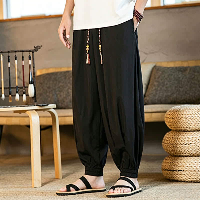 Buddha Stones Lässige, einfarbige Herren-Haremshose mit Kordelzug, elastischem Saum und Taschen für den Sommer - image 5