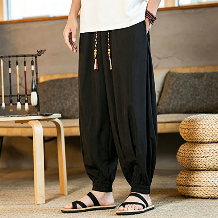 Buddha Stones Lässige, einfarbige Herren-Haremshose mit Kordelzug, elastischem Saum und Taschen für den Sommer - image 5