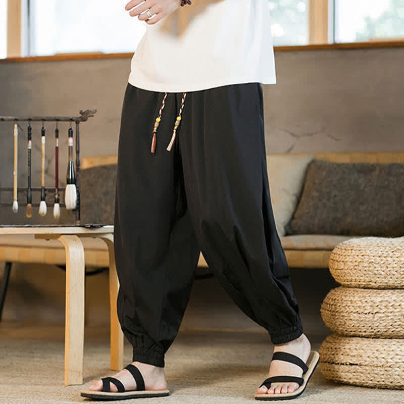 Buddha Stones Lässige, einfarbige Herren-Haremshose mit Kordelzug, elastischem Saum und Taschen für den Sommer - image 9