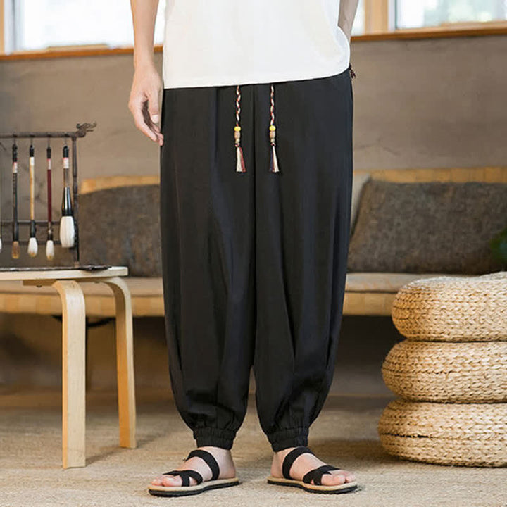 Buddha Stones Lässige, einfarbige Herren-Haremshose mit Kordelzug, elastischem Saum und Taschen für den Sommer - image 10