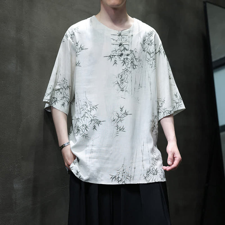 Buddha Stones Sommerliches Kurzarmhemd im Tang-Stil mit Froschknopfverschluss und Bambusdruck aus Baumwoll-Leinen-Mischgewebe für Herren - Weißer Rauch - US/ UK/AU46, EU56 (5XL) - image 0